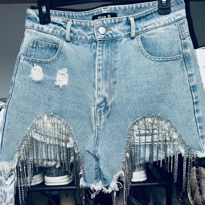 Distressed Denim Shorts with Silver Fringe